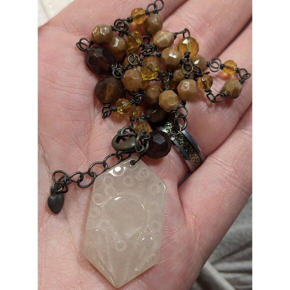 Vintage Carved Quartz Pendant Necklace With Beaded Chain - Picture 9 of 10